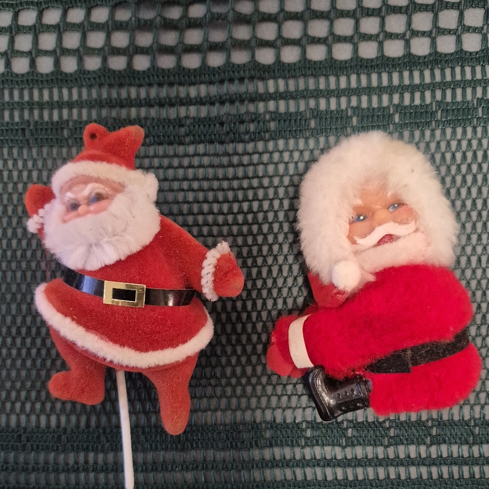 Vintage Flocked/Fleece Santa Claus Ornaments - Set of 2 - Christmas